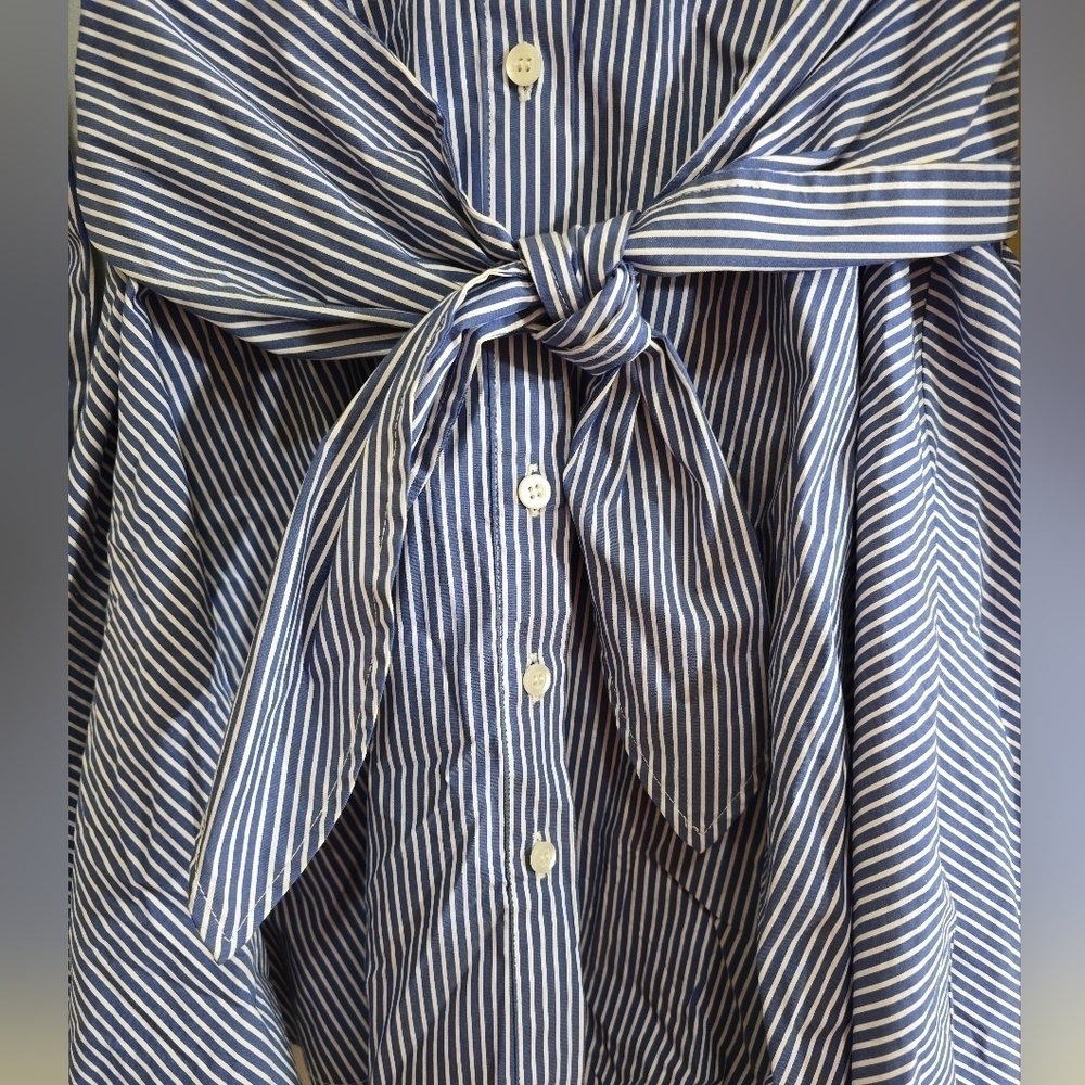 Lini Blue White Striped Shirt Dress Small Button Front Tie Waist Circle Skirt - Picture 9 of 10